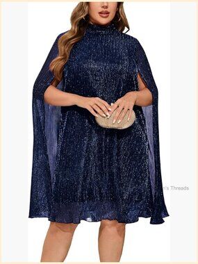 Plus Size Sparkly Cape Sleeve Short Dress High Neck Loose Fit Flowy Cocktail